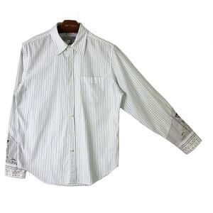 NWOT GUESS Shirt Men L Stripe Embroidery Raw Hem Western Blue Long Sleeve Cotton